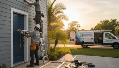 Technician repairing residential exterior door frame in Kansas City, MO for Next Level Exteriors