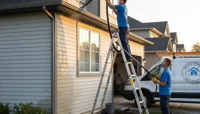 Technician cleaning residential gutters on vinyl siding home in Kansas City, MO