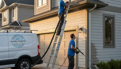 Technician cleaning residential gutters in Kansas City, MO for Next Level Exteriors maintenance service