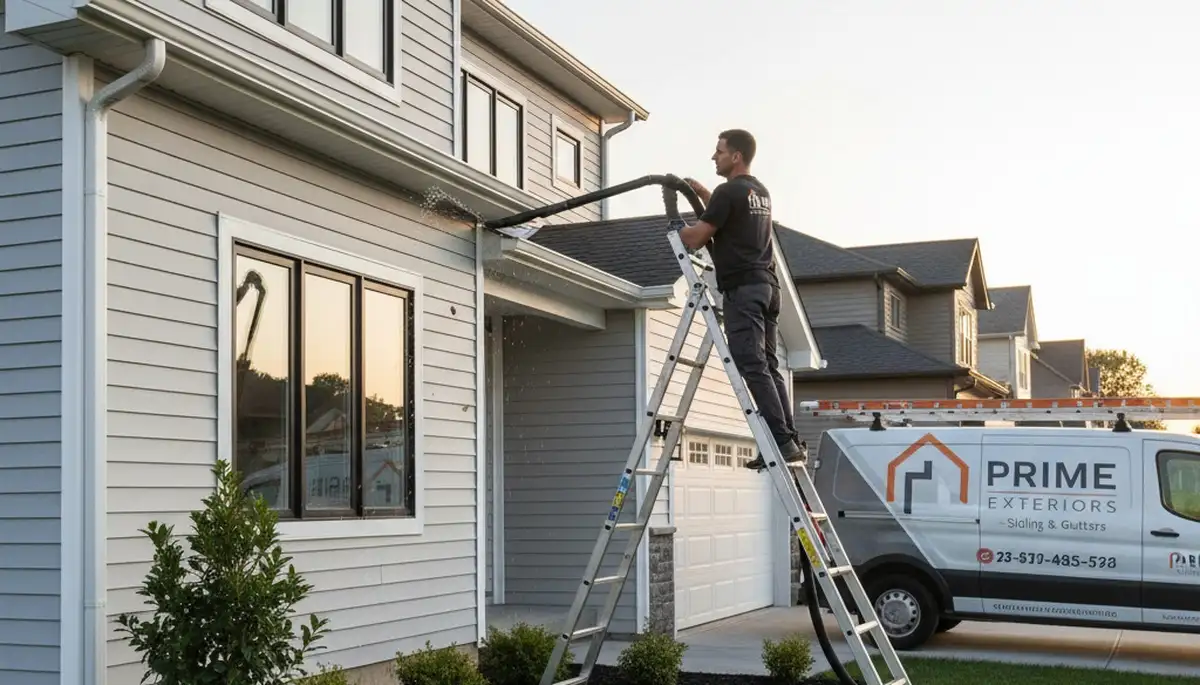 Technician cleaning residential gutters in Kansas City, MO for vinyl siding protection and maintenance
