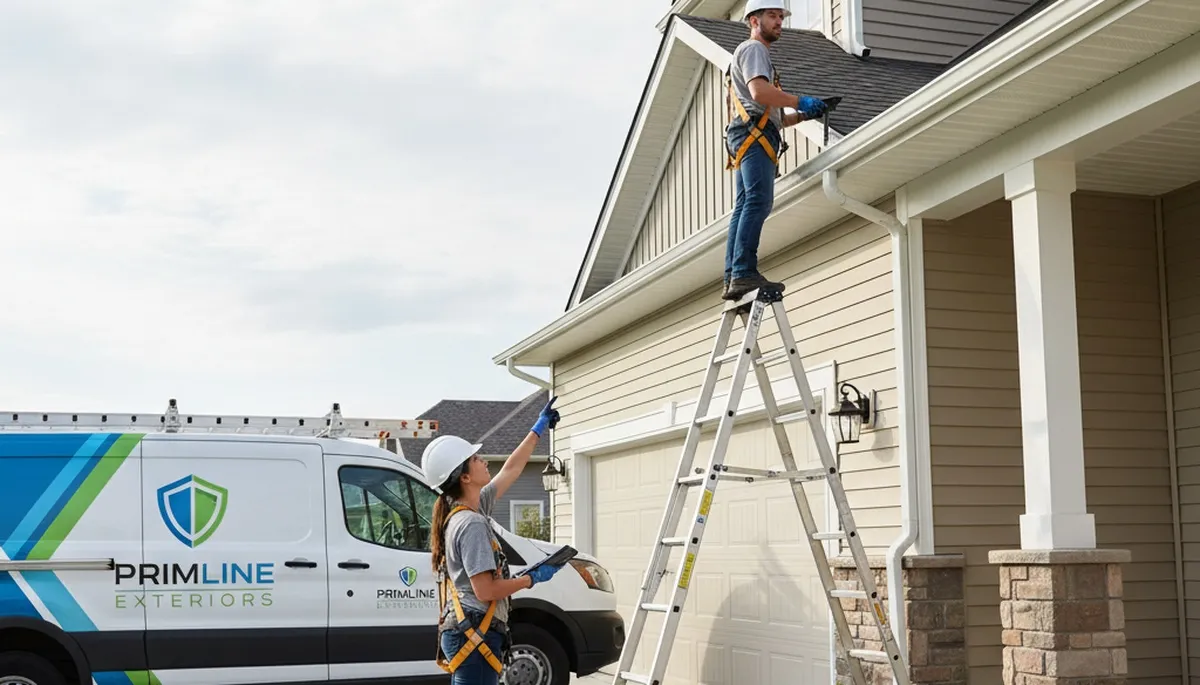 Technician performing gutter inspection on Kansas City, MO home with vinyl siding exterior