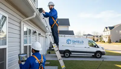 Technician performing gutter inspection on vinyl siding home in Kansas City, MO
