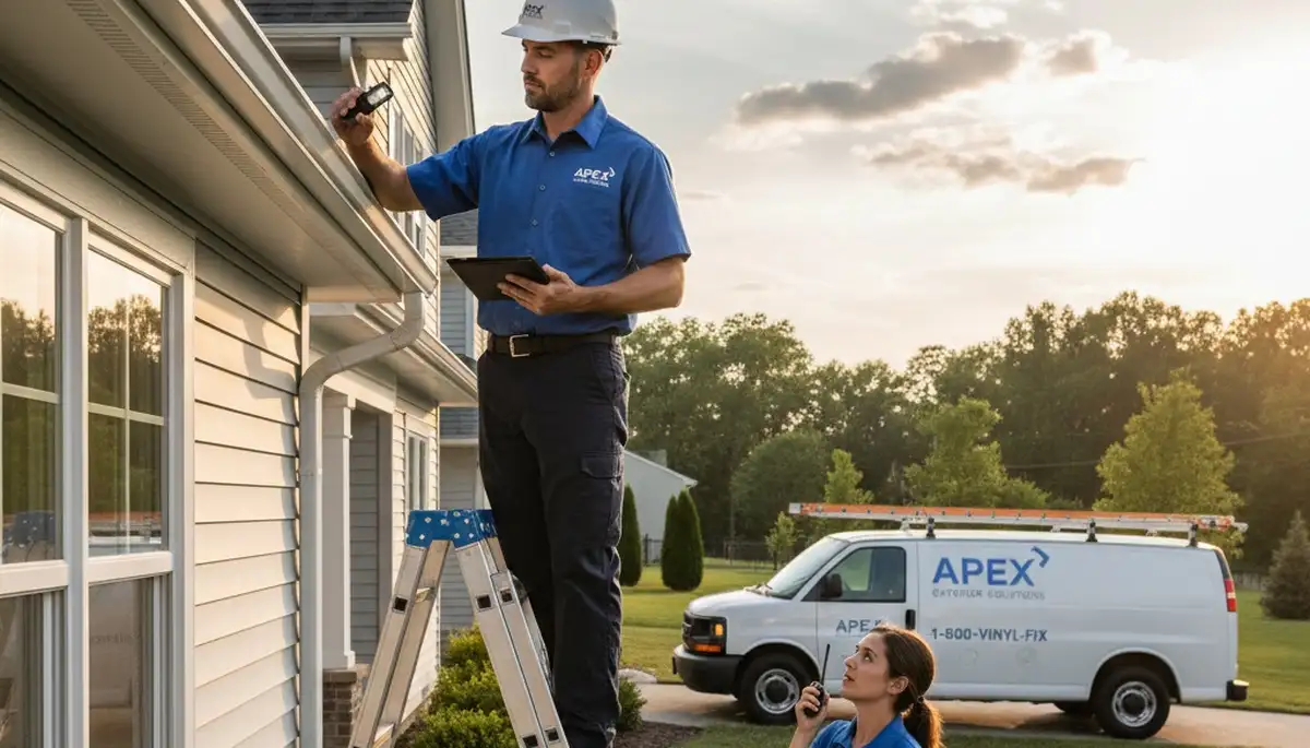 Technician performing gutter inspection on Kansas City MO home with vinyl siding