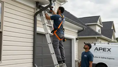 Technician repairing residential gutter system in Kansas City, MO for vinyl siding maintenance