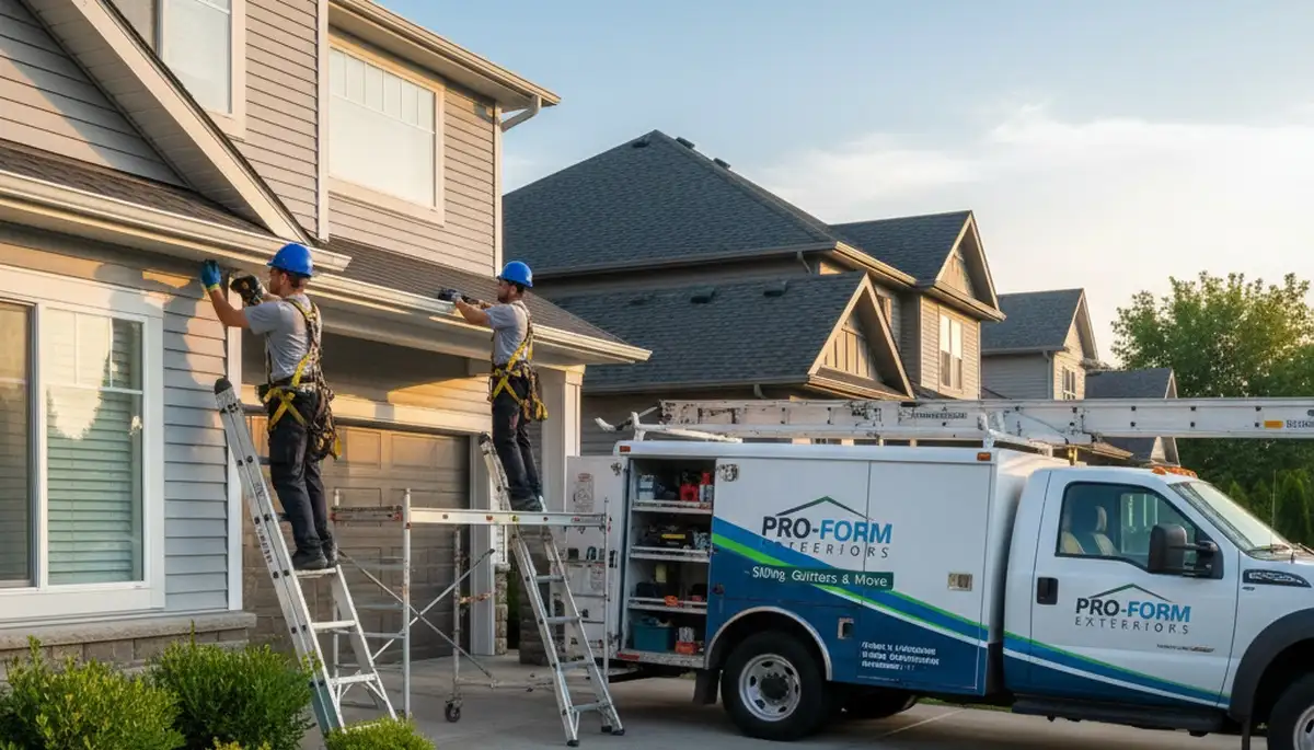 Technician repairing gutter on Kansas City MO home exterior with vinyl siding for water damage prevention