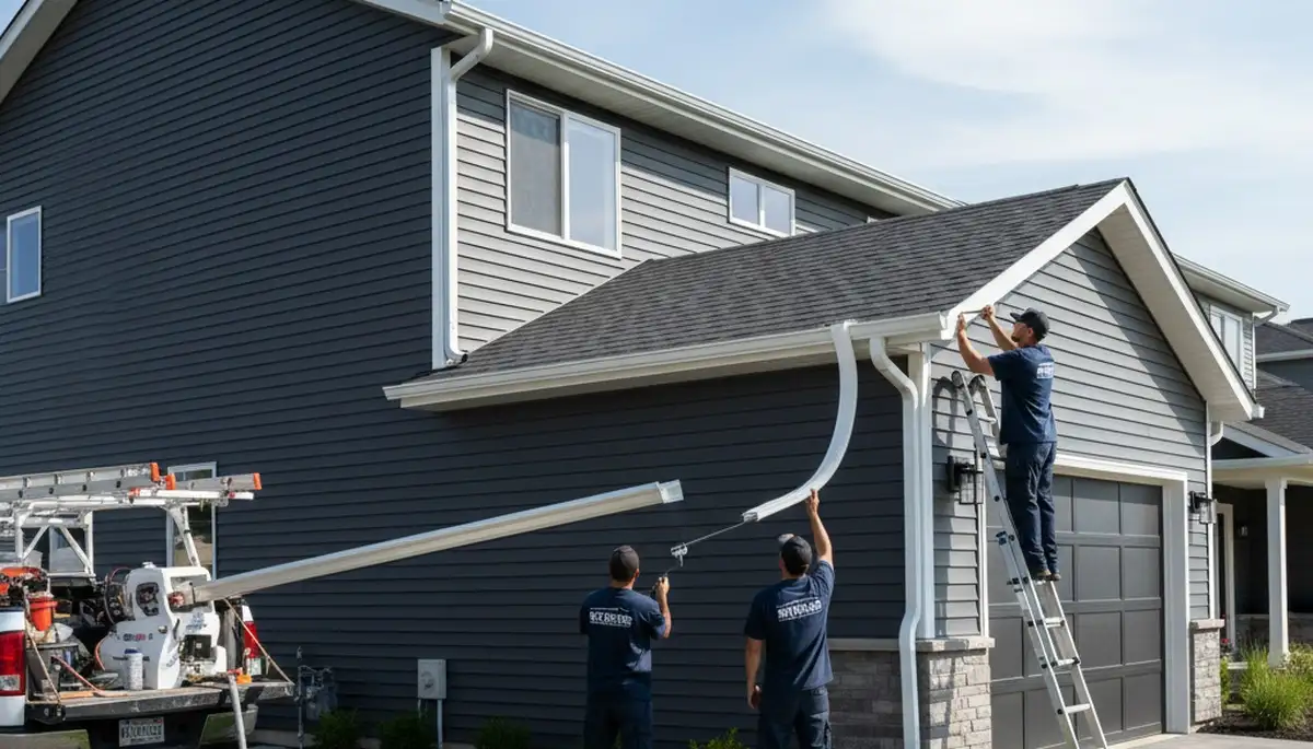 Seamless gutter installation on Kansas City MO home by Next Level Exteriors vinyl-siding experts