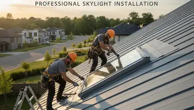 Vinyl siding team installing skylight on Kansas City MO home exterior by Next Level Exteriors
