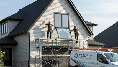 Vinyl siding contractor repairing storm-damaged skylight in Kansas City, MO home exterior