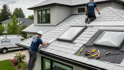 Technician repairing skylight and vinyl siding damage in Kansas City, MO after storm repair service