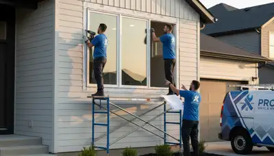 Technician repairing residential window frame in Kansas City, MO for Next Level Exteriors siding services