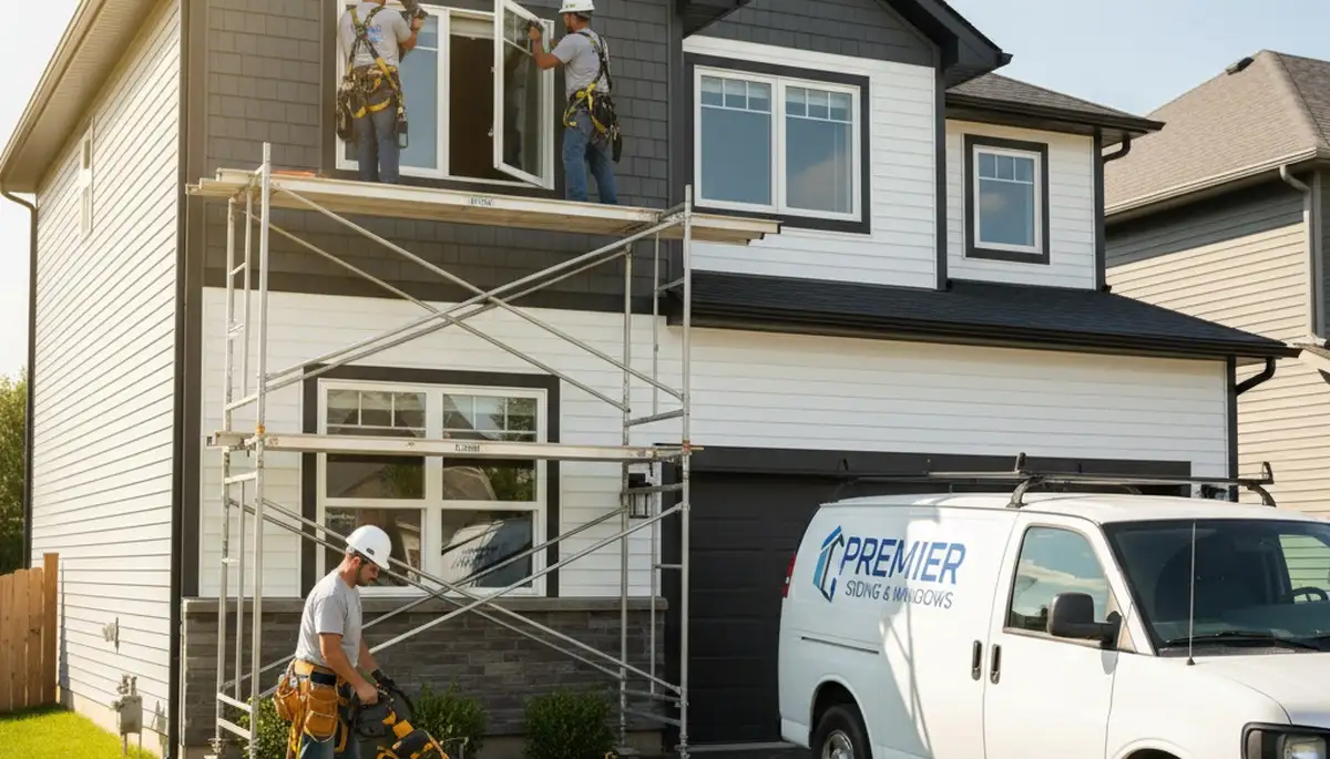 Technician repairing residential window frame in Kansas City MO home exterior by Next Level Exteriors